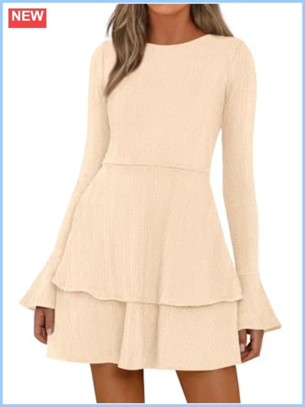 Womens Long Sleeve Sweater Dress Knit A-Line Mini Ruffle Bell Sleeve